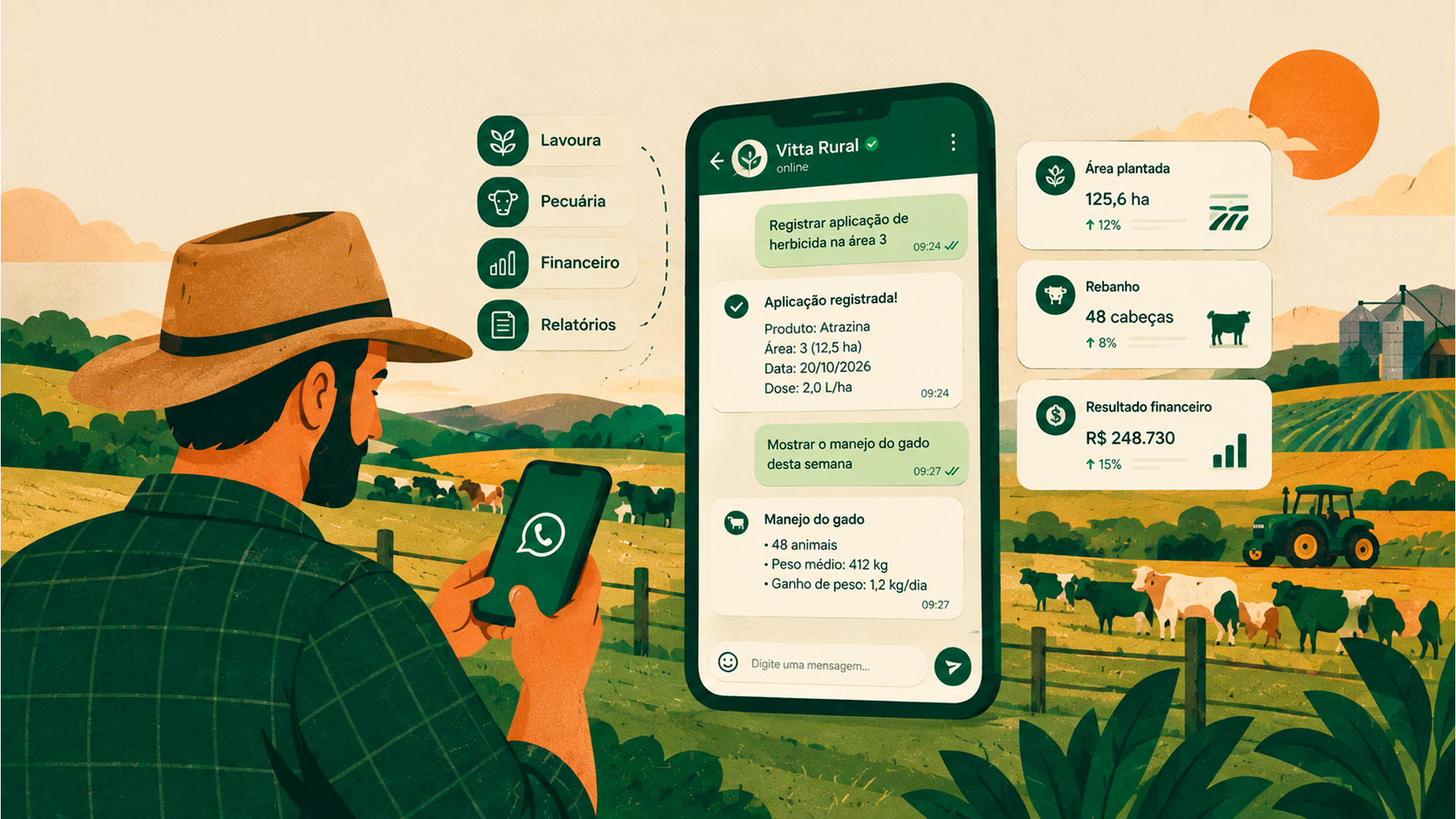 Ilustração da Vitta Rural representando gestão rural e tecnologia para o campo